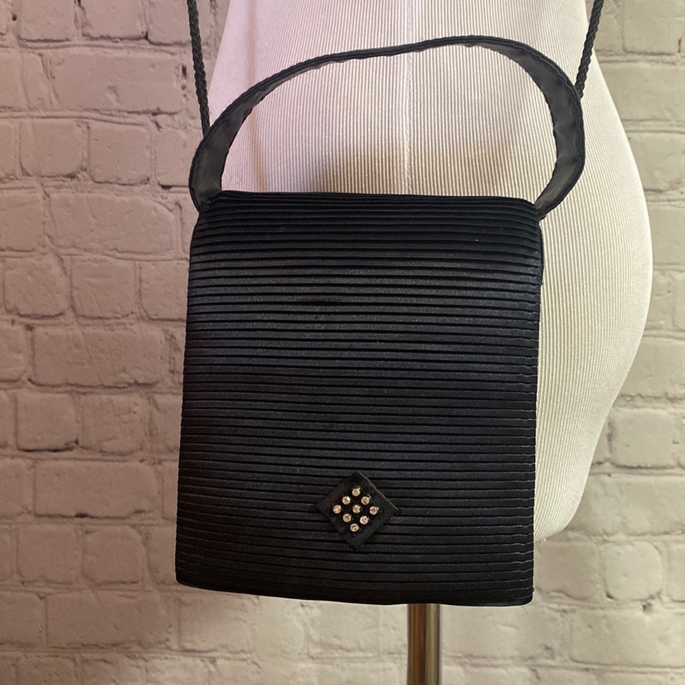 Black Evening Bag with Rhinestones with both hand and shoulder straps.